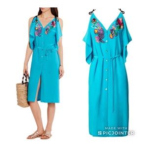 Embellished Embroidered Silk Crepe De Chine Dress Matthew Williamson Parrot Blue